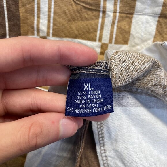 Trust Men's Button Up Shirt Color Block Brown Linen Short Sleeve Size XL Linen - Picture 6 of 9